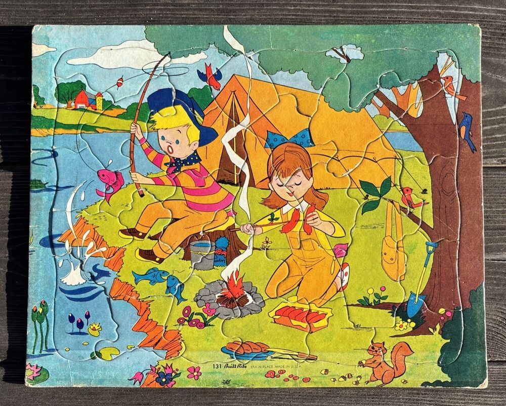 Vtg 1960's Built Rite No 131 Cardboard Tray Puzzle Kids Children Camping Fishing